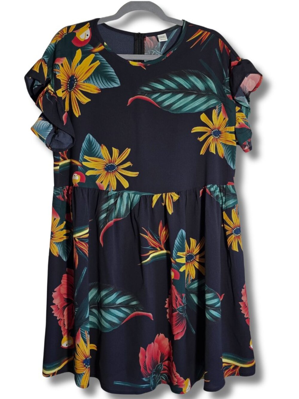 NWT Women's Large Plus/1X Summer Beach Mini Dress Dark Navy and Tropical Print - Picture 6 of 6